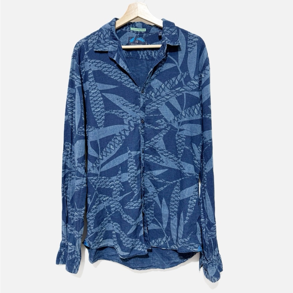 Scotch & Soda Men's Tropical Print Shirt Long Sleeve Blue Linen Blend Size XL